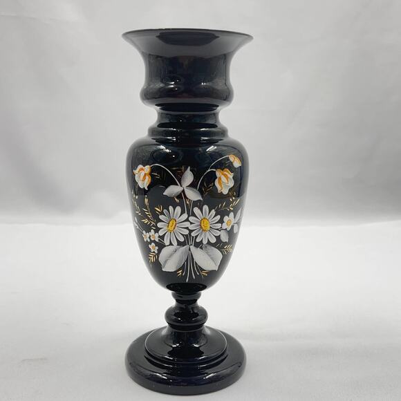 Unkown Other - Vintage Black Glass Vase, Victorian era style handpainted floral decor